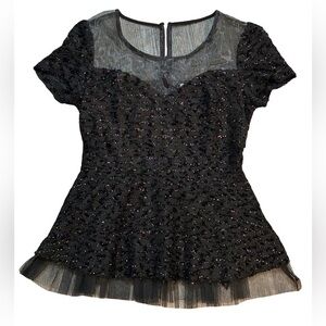 Ultra Pink Gorgeous Black Shiny Sparkle Sheer Mesh Lace Peplum Blouse